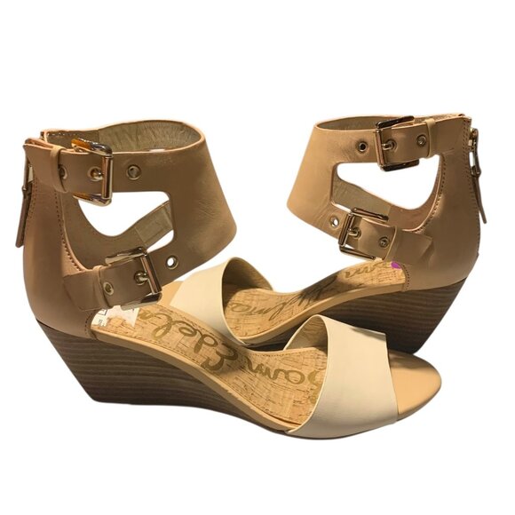 SAM EDELMAN Cream + Beige Leather Susanna Ankle Strap Wedge Sandals Size 6.5M - Picture 1 of 8